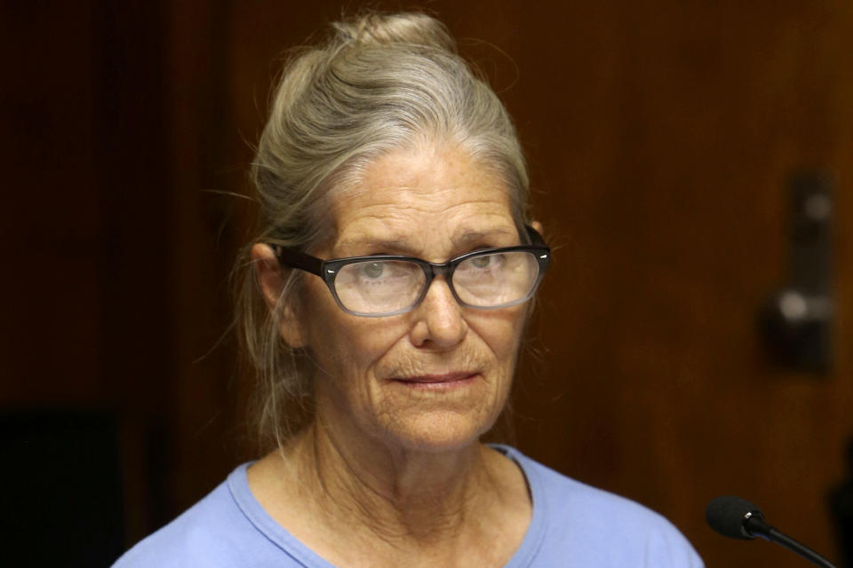 Leslie Van Houten waits for the start of her parole board hearing at the California Institution for Women in Corona, Calif., on Sept. 6, 2017. (Stan Lim / AP file)