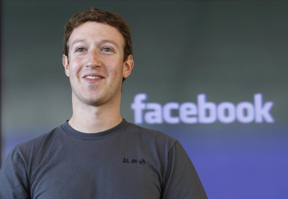 FILE - In this Jan. 3, 2011 file photo, Facebook CEO Mark Zuckerberg smiles in San Francisco. Facebook Inc. CEO Mark Zuckerberg is speaking at a technology conference in San Francisco on Tuesday, Sept. 11, 2012, It is his first interview since the company's rocky initial public offering earlier this year. (AP Photo/Paul Sakuma, File)