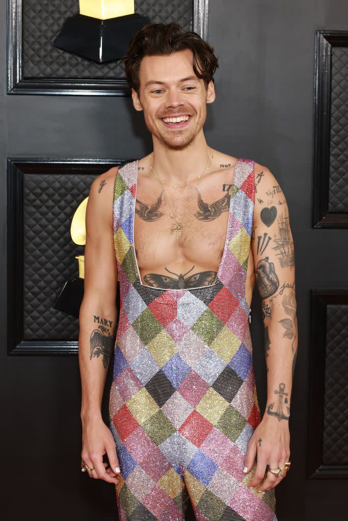 Harry Styles Just Hit the 2023 Grammys Red Carpet in Overalls and No Shirt