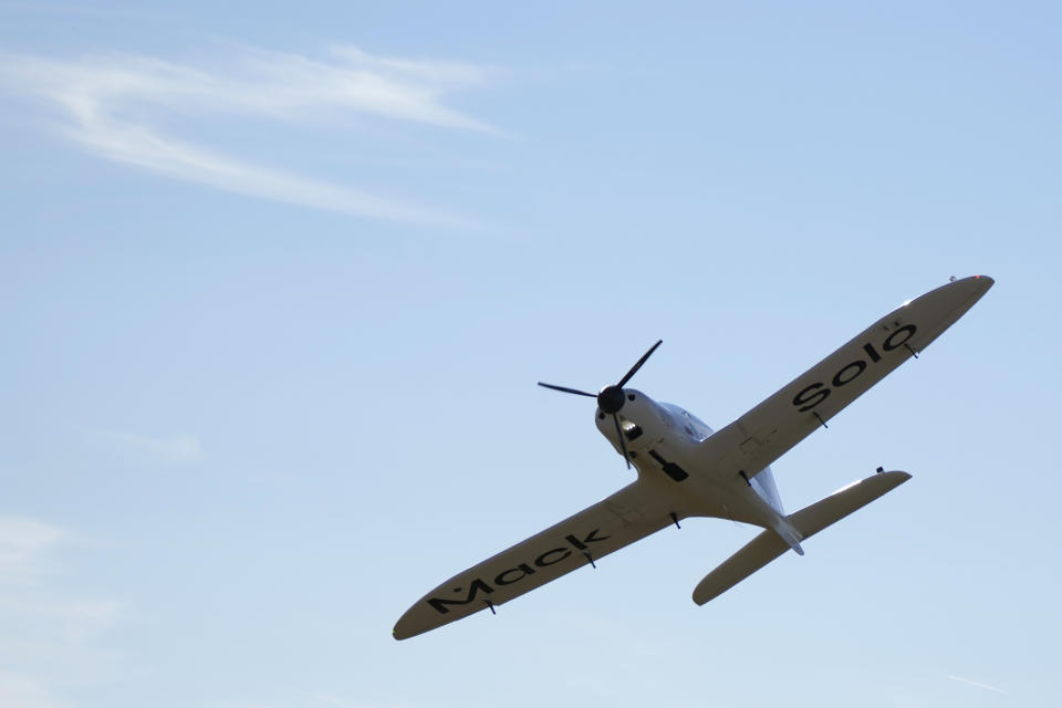 Seventeen year old Anglo-Belgian pilot, Mack Rutherford, prepares to land at the Buzet airfield in Pont-A-Celles, Belgium, Tuesday, Aug. 23, 2022. Rutherford landed in Belgium before flying on to Slovakia and Sofia, Bulgaria, for the final leg of his Guinness World Record attempt to be the youngest person to the fly around the world solo in a small plane. (AP Photo/Virginia Mayo)