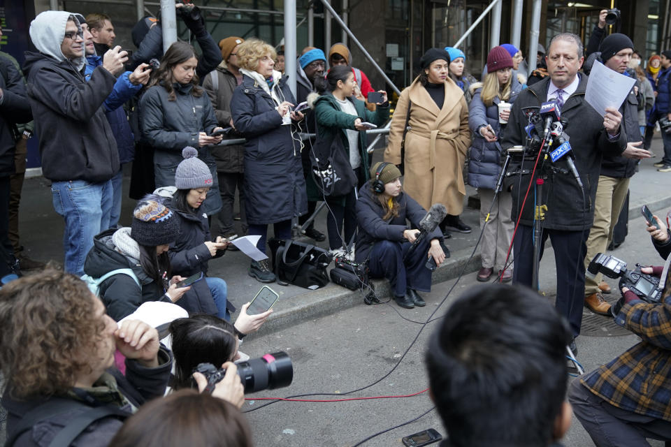 New York City Comptroller Brad Lander talks to reporters outside the Row Hotel, Tuesday, Jan. 9, 2024, in New York. (AP Photo/Mary Altaffer)