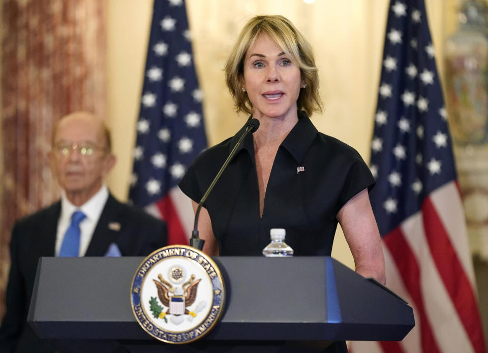 FILE - In this Sept. 21, 2020, file photo, U.S. Ambassador to the United Nations Kelly Craft speaks during a news conference at the U.S. State Department in Washington. According to the United States Mission to the United Nations, Craft will travel to Taipei Jan. 13-15, 2021, for meetings with senior Taiwanese counterparts and members of the diplomatic community in order to bolster relations and show continued support with the island. (AP Photo/Patrick Semansky, File)