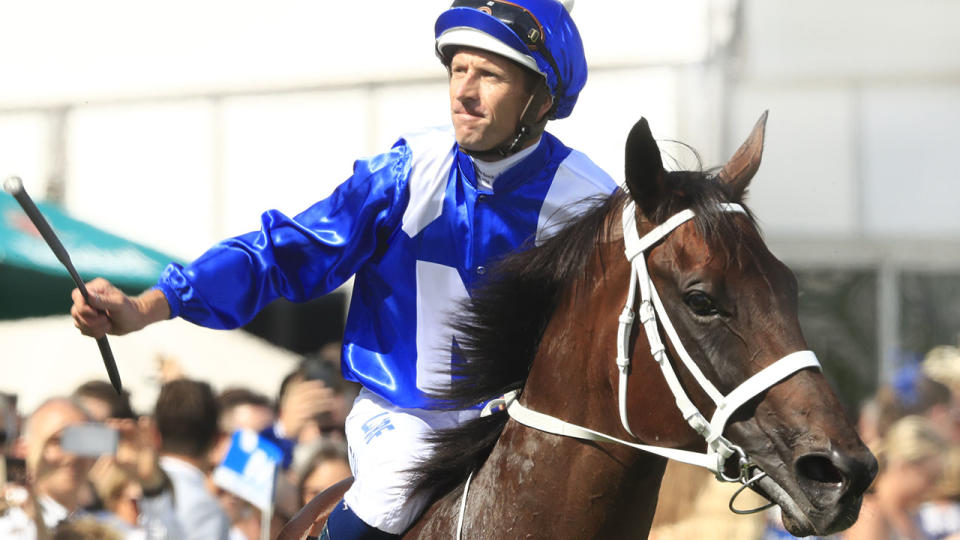 Hugh Bowman aboard Winx. (Photo by Mark Evans/Getty Images)