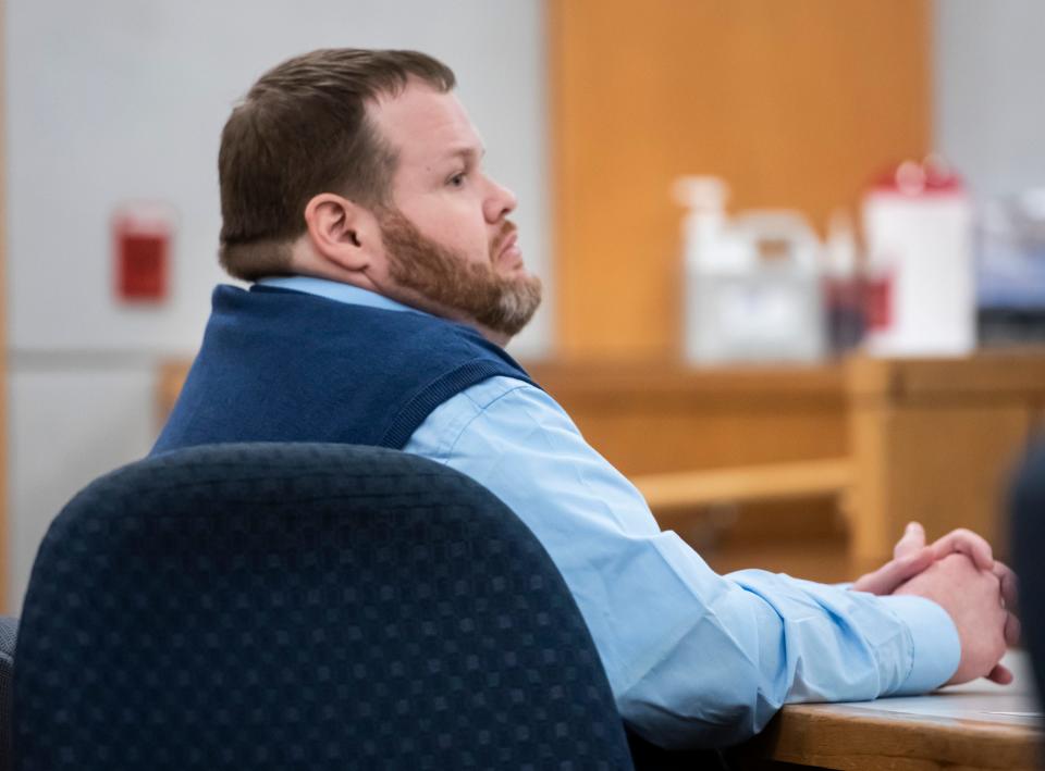 Christopher Stacey listens to witness testimony during court proceeding on Tuesday, Sept. 19, 2023. Stacey is accused of murdering one person, attempting to murder another, and dumping their bodies across the Alabama line. He shot Dalton Davis and Troy Boutwell and left their bodies in Alabama on June 2, 2018