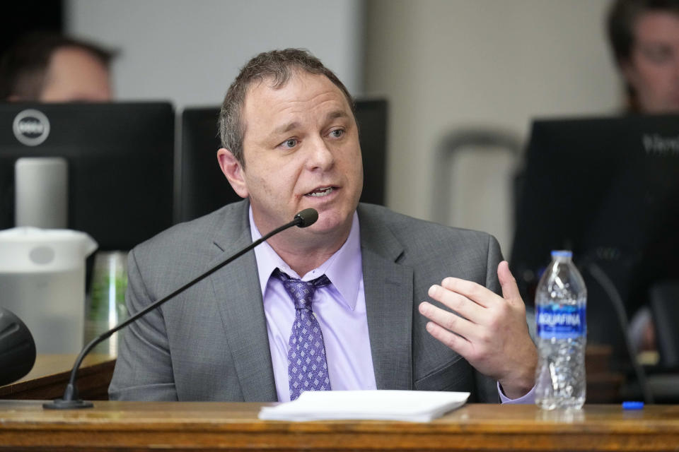 Dr. Peter Simi, professor of sociology at Chapman University, testifies during a hearing for a lawsuit to keep former President Donald Trump off the state ballot in court, Tuesday, Oct. 31, 2023, in Denver. (AP Photo/Jack Dempsey, Pool)