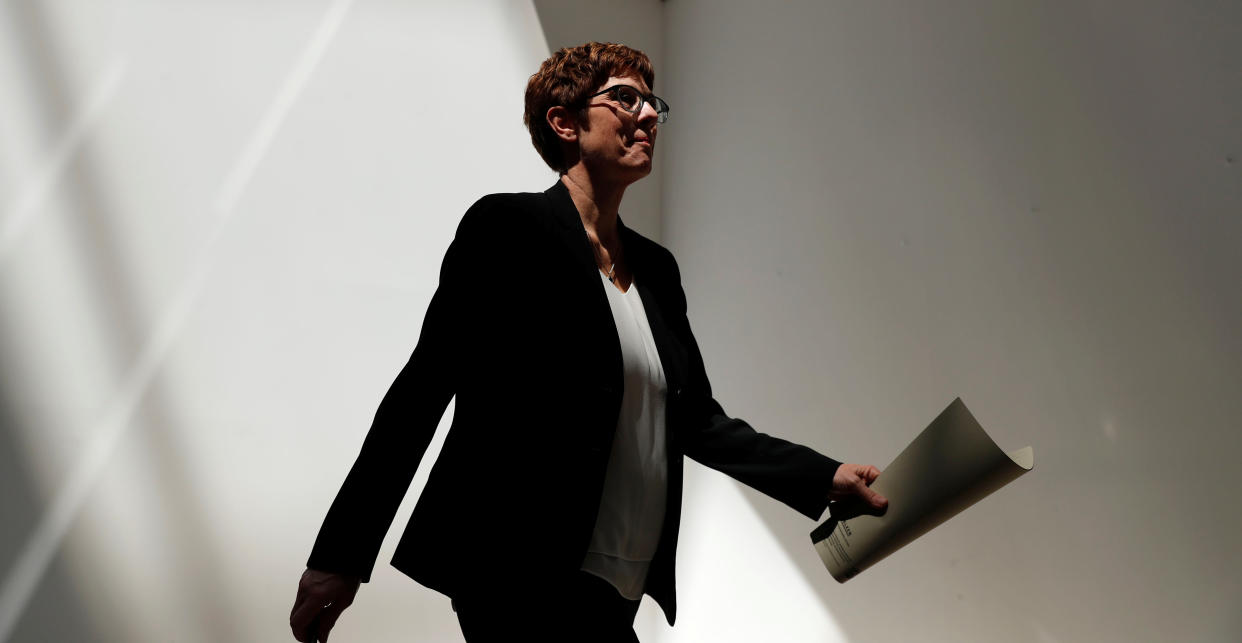 Annegret Kramp-Karrenbauer, Chairwoman of Germany's Christian Democratic Union party (CDU), leaves a news conference at the party headquarters in Berlin, Germany June 3, 2019.   REUTERS/Fabrizio Bensch