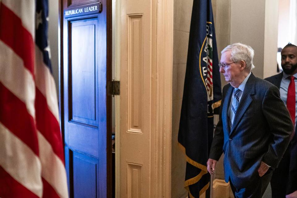 Senate Minority Leader Mitch McConnell, R-Ky., departs the Senate chamber on Feb. 28, 2024, in Washington, D.C. McConnell announced Wednesday that he would step down as Republican leader in November. (Nathan Howard/Getty Images/TNS)