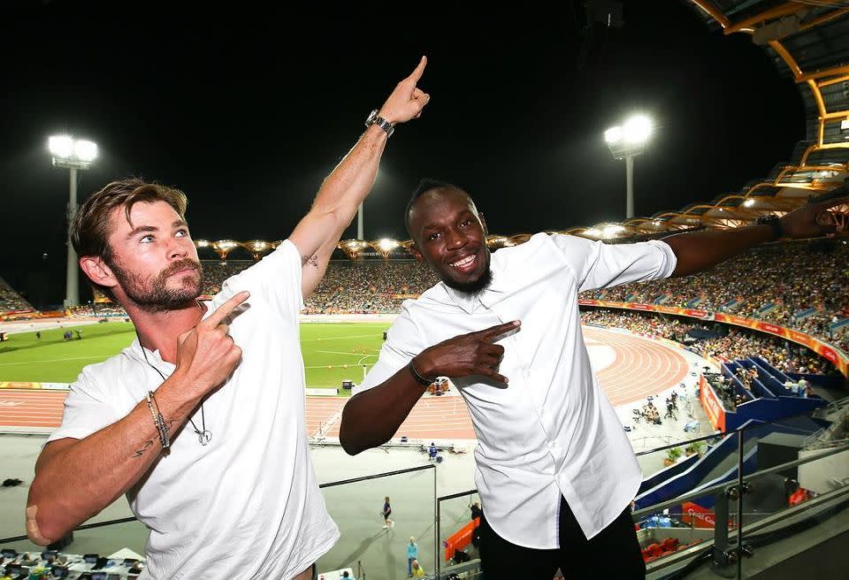 Actor Chris Hemsworth with sprinter Usain Bolt at the 2018 Commonwealth Games. Source: Instagram/chrishemsworth