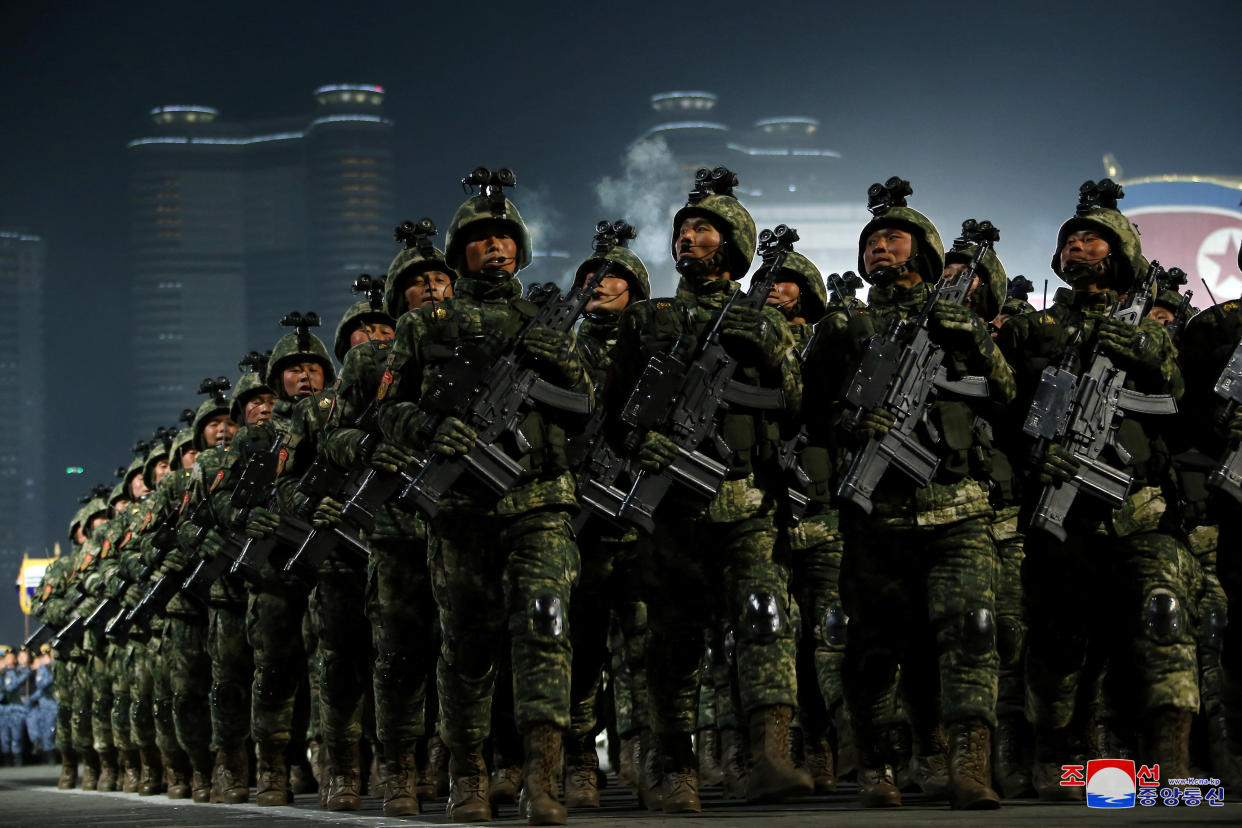 Troops take part in a military parade to mark the 75th founding anniversary of North Korea&#39;s army, in Pyongyang, North Korea on Feb. 8, 2023, in this photo released by North Korea&#39;s Korean Central News Agency. (KCNA via REUTERS)