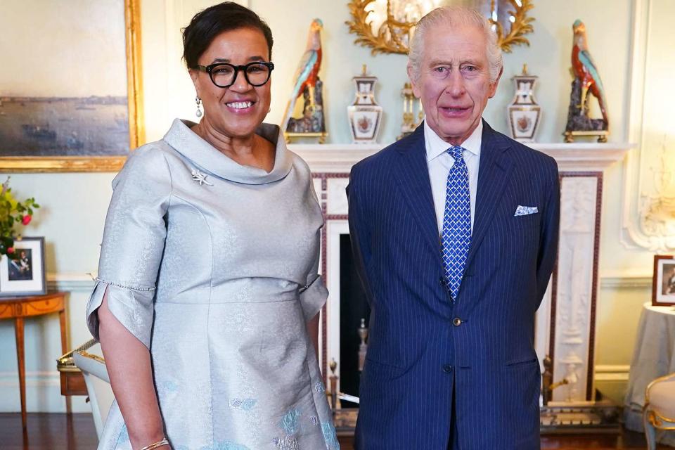 <p>YUI MOK/POOL/AFP via Getty Images</p> Baroness Scotland of Asthal, the Commonwealth Secretary General, and King Charles meet at Buckingham Palace in London on March 13, 2024. 