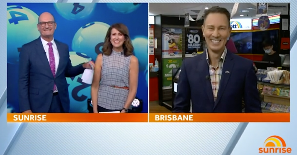 Sunrise hosts Kochie and Nat Barr laughing with The Lott spokesperson Matt Hart.