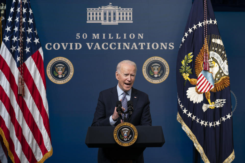 President Joe Biden speaks during an event to commemorate the 50 millionth COVID-19 shot, in the South Court Auditorium on the White House campus, Thursday, Feb. 25, 2021, in Washington. (AP Photo/Evan Vucci)