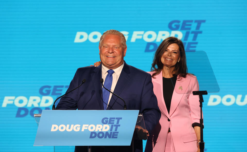 TORONTO, ON- JUNE 2  -  Doug Ford and his spouse Karla gives his victory speech at the headquarters for Progressive Conservative leader Doug Ford wins his second term as Premier of Ontario with a majority at the Toronto Congress Centre in Toronto. June 2, 2022.        (Steve Russell/Toronto Star via Getty Images)