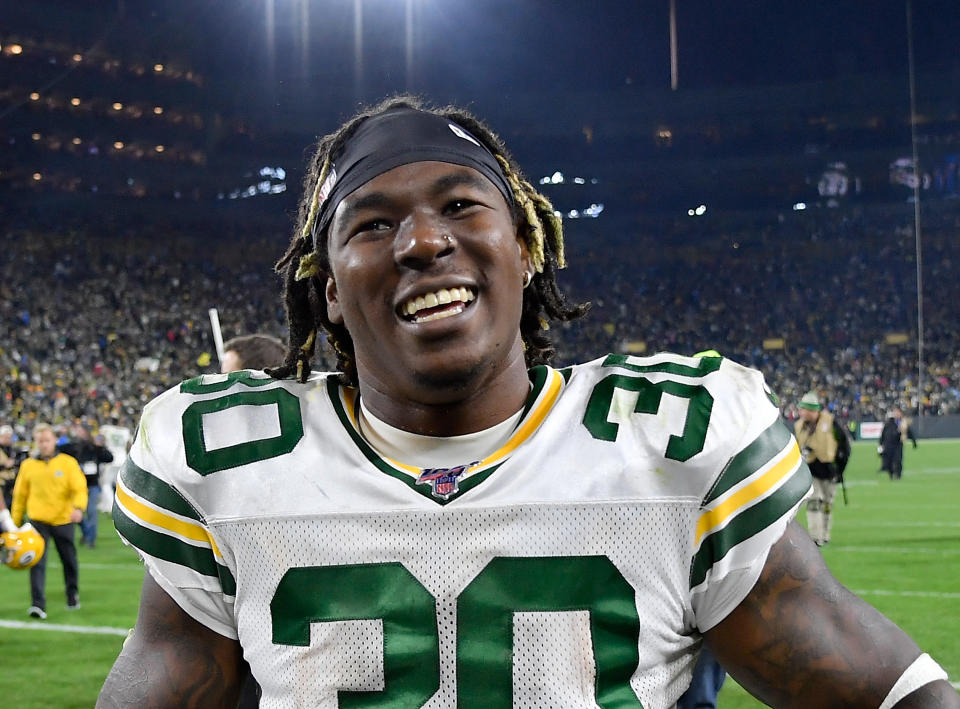 GREEN BAY, WISCONSIN - OCTOBER 14: Jamaal Williams #30 of the Green Bay Packers after the game against the Detroit Lions at Lambeau Field on October 14, 2019 in Green Bay, Wisconsin. (Photo by Quinn Harris/Getty Images)