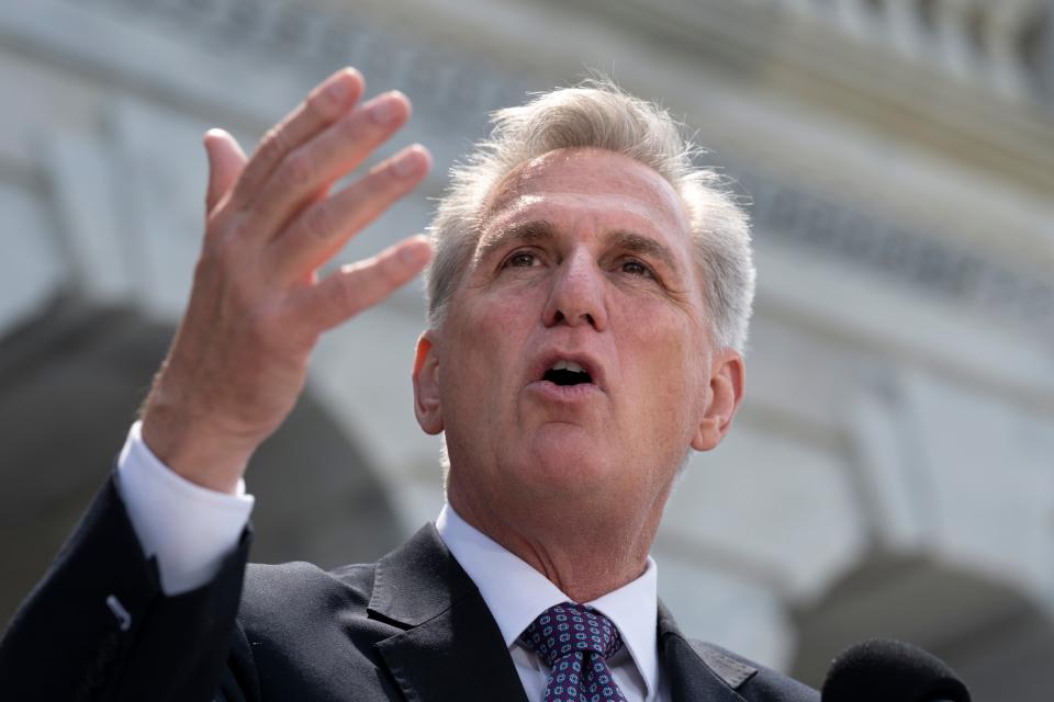 Speaker of the House Kevin McCarthy, R-Calif., speaks as he leads an event on debt limit negotiations with Senate and House Republicans, at the Capitol in Washington on Wednesday. McCarthy and President Joe Biden have tasked a handful of representatives to try and close out a final deal.