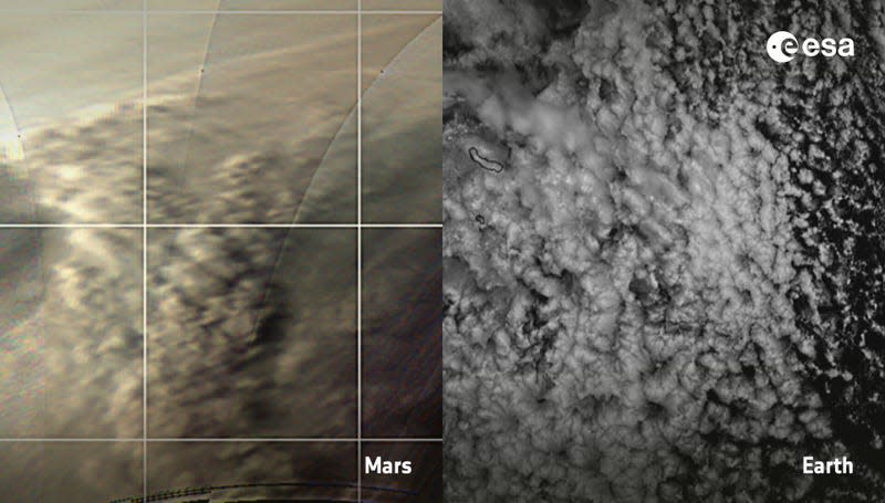 Clouds on Mars (left) compared to clouds on Earth (right)