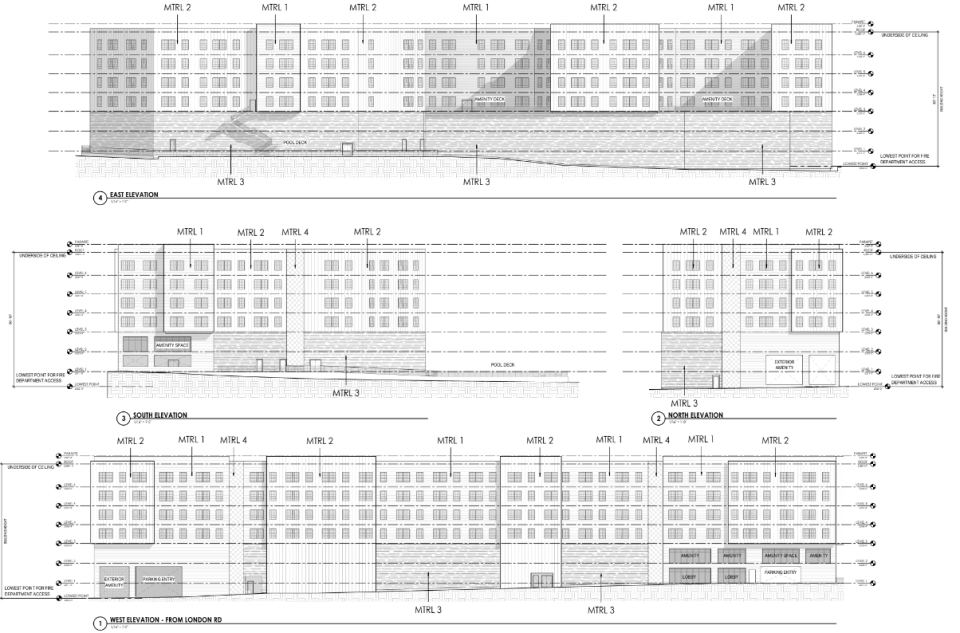 Proposed street elevations for the 21 London Road apartments. All plans are preliminary and subject to change.