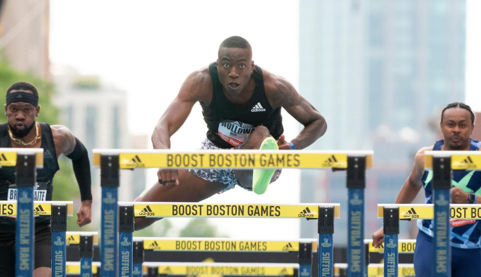 Grant Holloway leads the men's 110-meter hurdles during the 2021 Adidas Boost Boston Games.