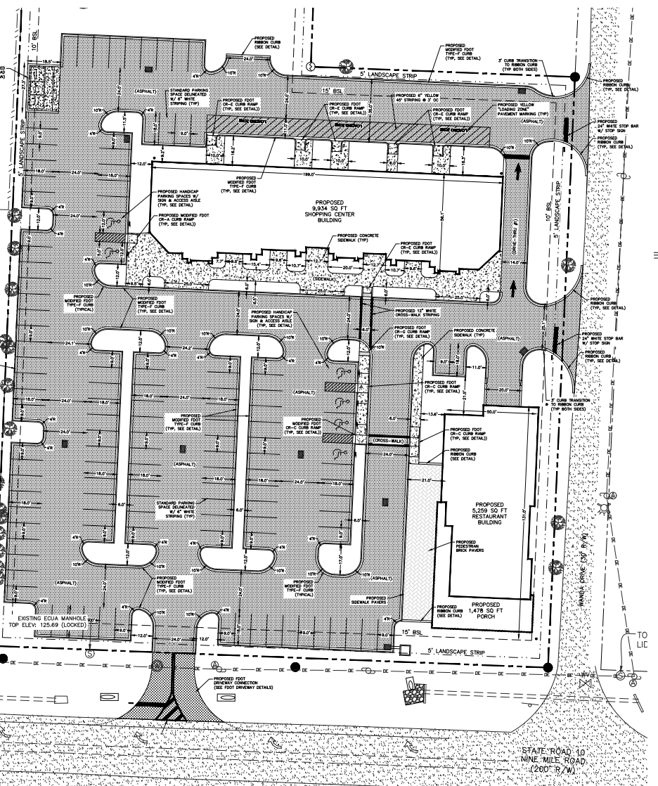 Site plan drawings for the proposed Nine Mile Retail Center project planned for Ferry Pass.