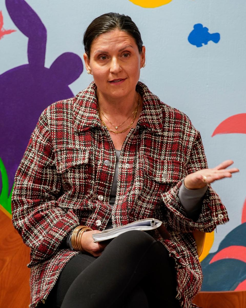 Amy Pate, a candidate for Nashville's District 8 school board seat, speaks during a candidate listening session hosted by Opportunity Nashville at the Green Hills Branch Nashville Public Library on March 28, 2022.