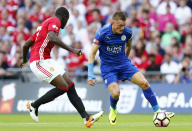 Football Soccer Britain - Leicester City v Manchester United - FA Community Shield - Wembley Stadium - 7/8/16 Leicester City's Jamie Vardy in action with Manchester United's Eric Bailly Reuters / Eddie Keogh Livepic EDITORIAL USE ONLY. No use with unauthorized audio, video, data, fixture lists, club/league logos or "live" services. Online in-match use limited to 45 images, no video emulation. No use in betting, games or single club/league/player publications. Please contact your account representative for further details.