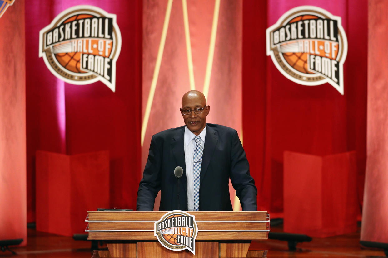 SPRINGFIELD, MA - SEPTEMBER 08:  Naismith Memorial Basketball Hall of Fame Class of 2017 enshrinee George McGinnis speaks during the 2017 Basketball Hall of Fame Enshrinement Ceremony at Symphony Hall on September 8, 2017 in Springfield, Massachusetts.  (Photo by Maddie Meyer/Getty Images)