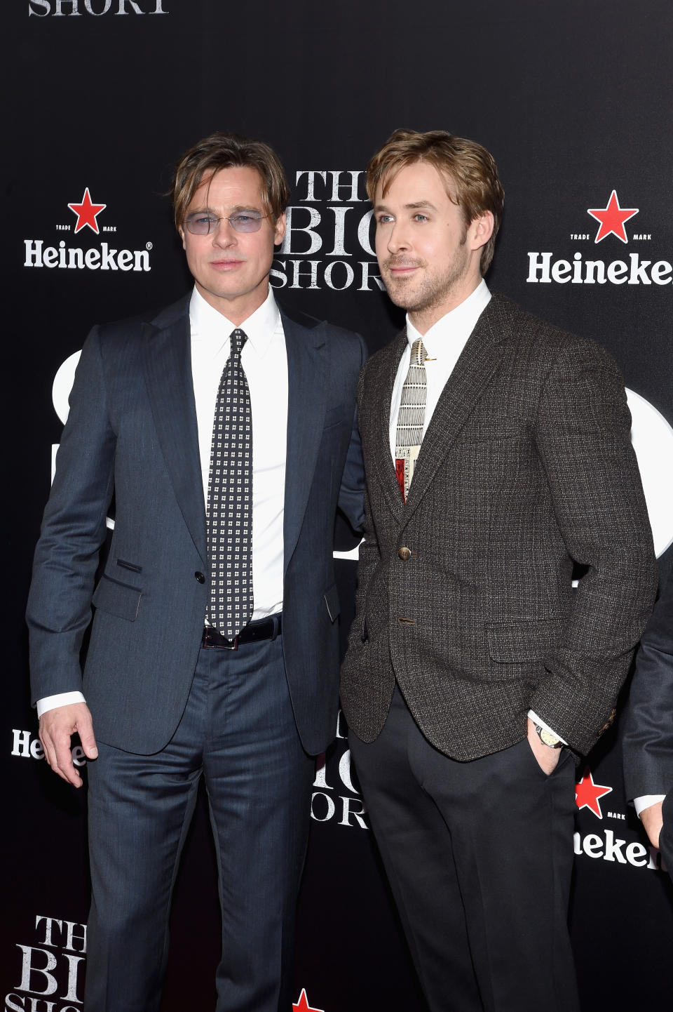 NEW YORK, NY - NOVEMBER 23:  Actors Brad Pitt (L) and Ryan Gosling attend "The Big Short" Premiere at Ziegfeld Theatre on November 23, 2015 in New York City.  (Photo by Larry Busacca/Getty Images for Paramount Pictures)