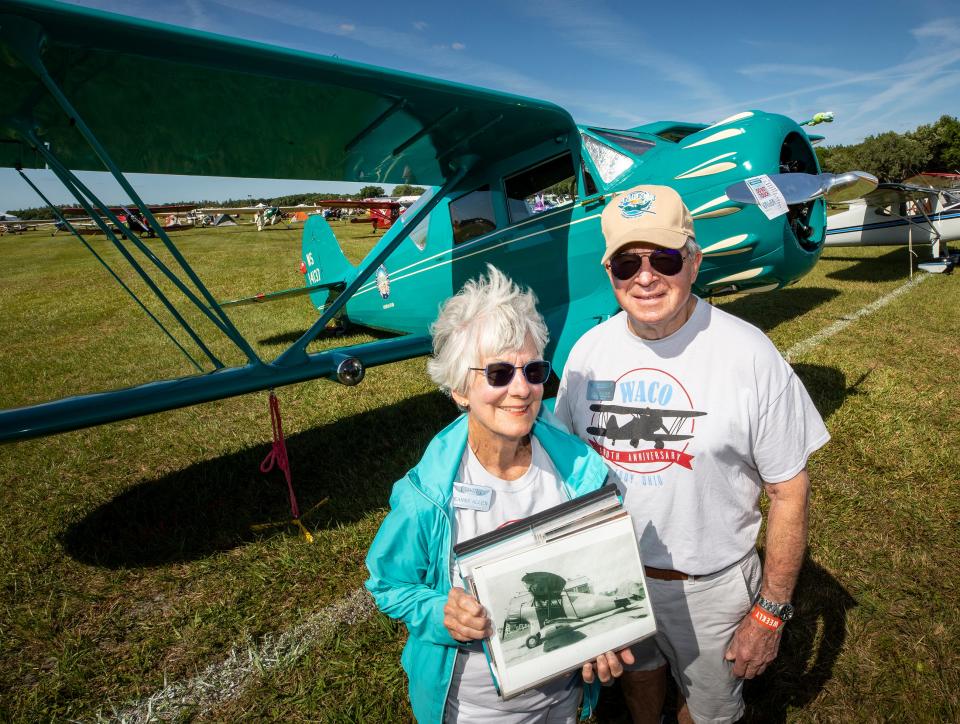 Jeanne and Dave Allen from Elbert, Colorado, with their 1934 WACO YKC at Lakeland Linder on Monday.