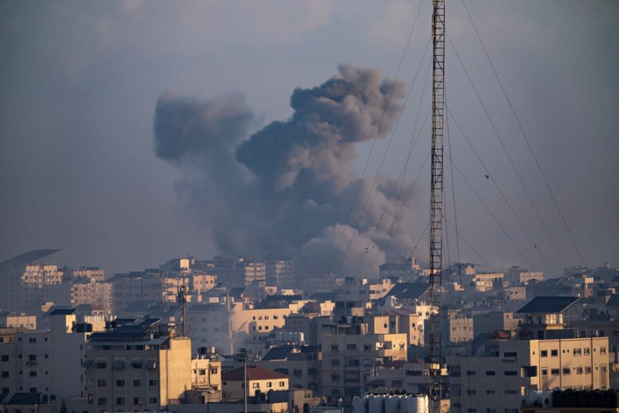 Smoke rises following an Israeli airstrike in Gaza City, Thursday, Oct. 12, 2023. Israel’s retaliation has escalated after Gaza’s militant Hamas rulers launched an unprecedented attack on Israel Saturday, killing over 1,200 Israelis and taking captive dozens. Heavy Israeli airstrikes on the enclave has killed over 1,200 Palestinians. (AP Photo/Fatima Shbair)