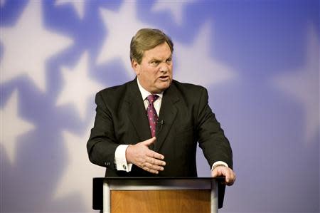 Incumbent Congressman Mike Simpson (R-ID) speaks at a televised debate for the upcoming Republican primary election at the studios of Idaho Public Television in Boise, Idaho May 11, 2014. REUTERS/Patrick Sweeney