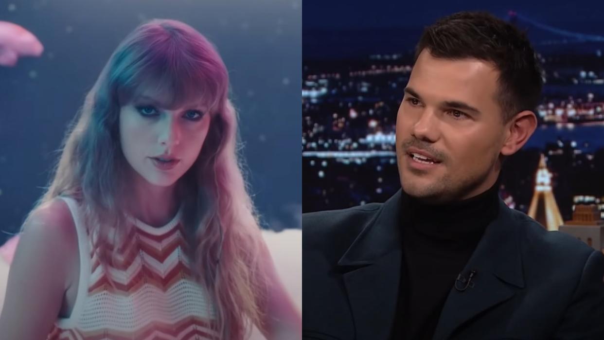  From left to right Taylor Swift in the Lavender Haze music video and Taylor Lautner on the Tonight Show. 