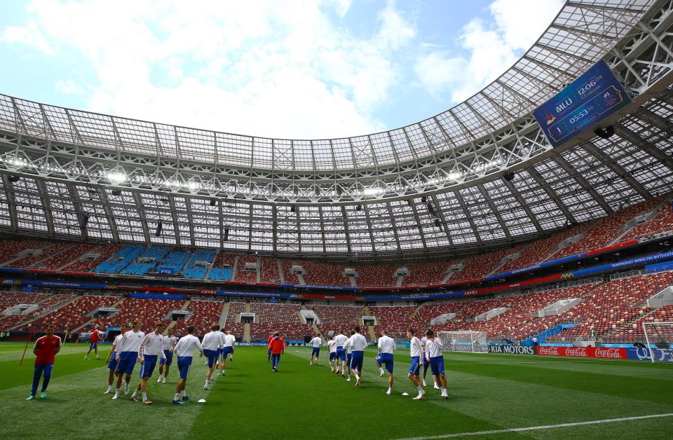 Host nation Russia train at the Luzhniki Stadium in Moscow ahead of the World Cup’s opening fixture against Saudi Arabia. (Rex)