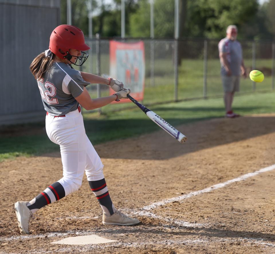 Norwayne's Lily Rieman rips this RBI double in the top of the fifth in Div. III Creston District Final action.