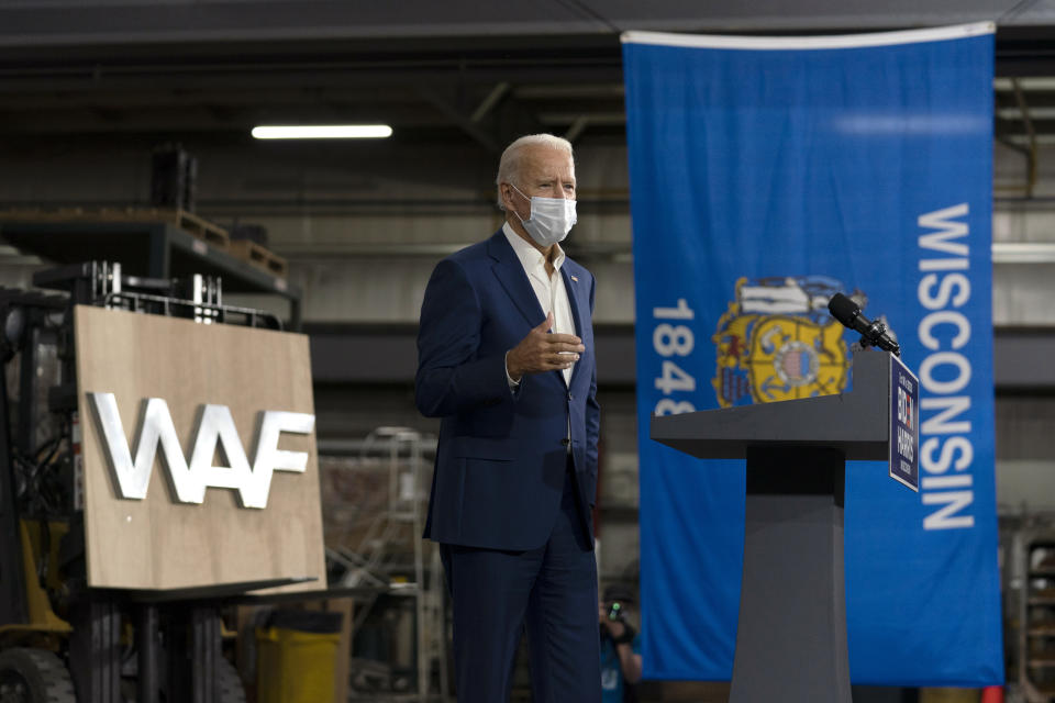 Democratic presidential candidate former Vice President Joe Biden speaks at Wisconsin Aluminum Foundry in Manitowoc, Wis., Monday, Sept. 21, 2020. (AP Photo/Carolyn Kaster)