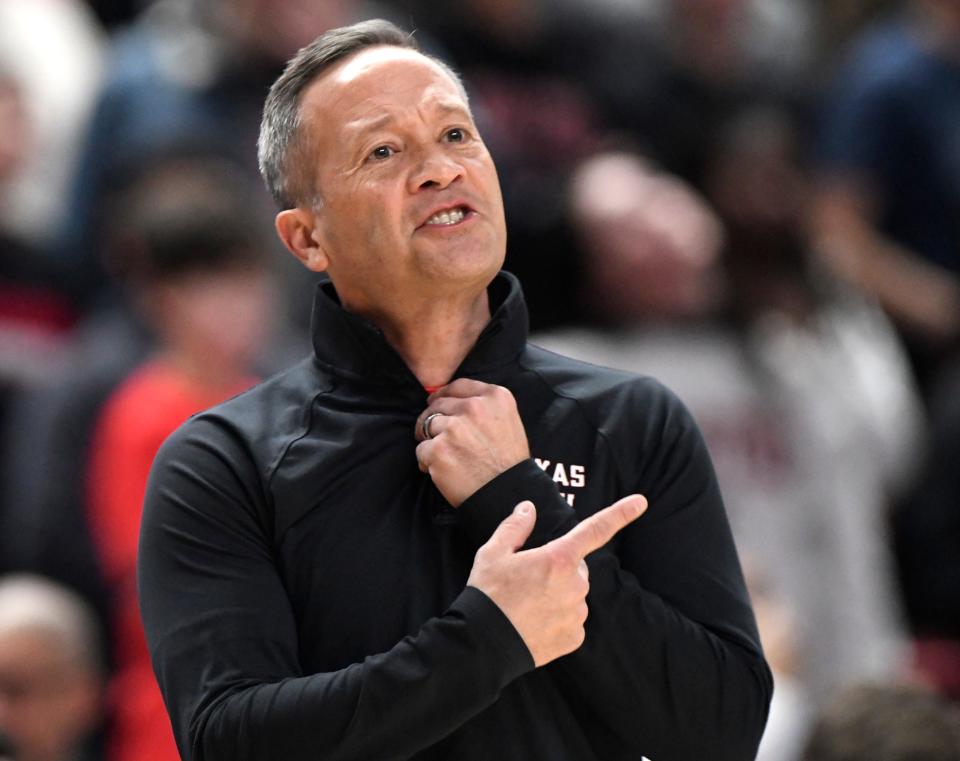 Texas Tech's head coach Grant McCasland gestures to his athletes during the Big 12 basketball game against BYU, Saturday, Jan. 20, 2024, at United Supermarkets Arena.