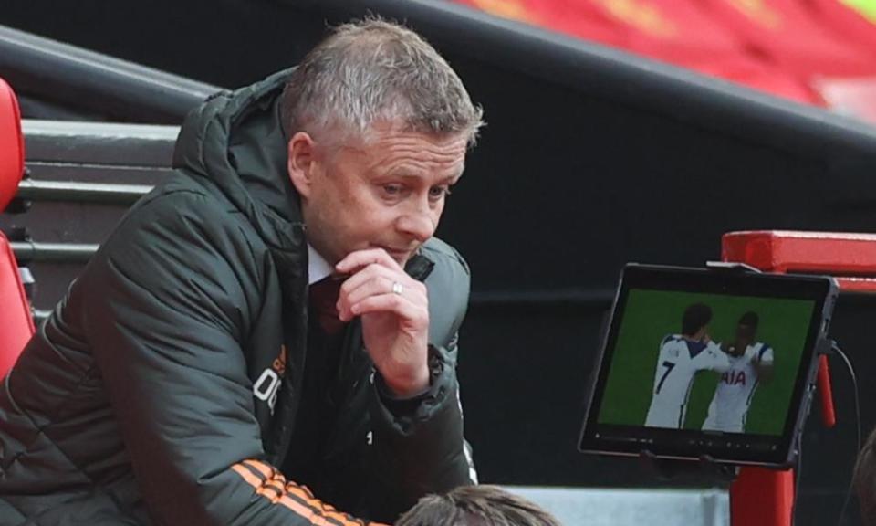 A stunned Ole Gunnar Solskjær watches Son Heung-min celebrate Tottenham’s fourth goal of their 6-1 win at Old Trafford