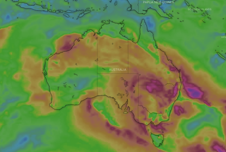 Strong wind gusts are predicted for large parts of Australia on Friday. Pictured is conditions predicted for noon. Source: Windy