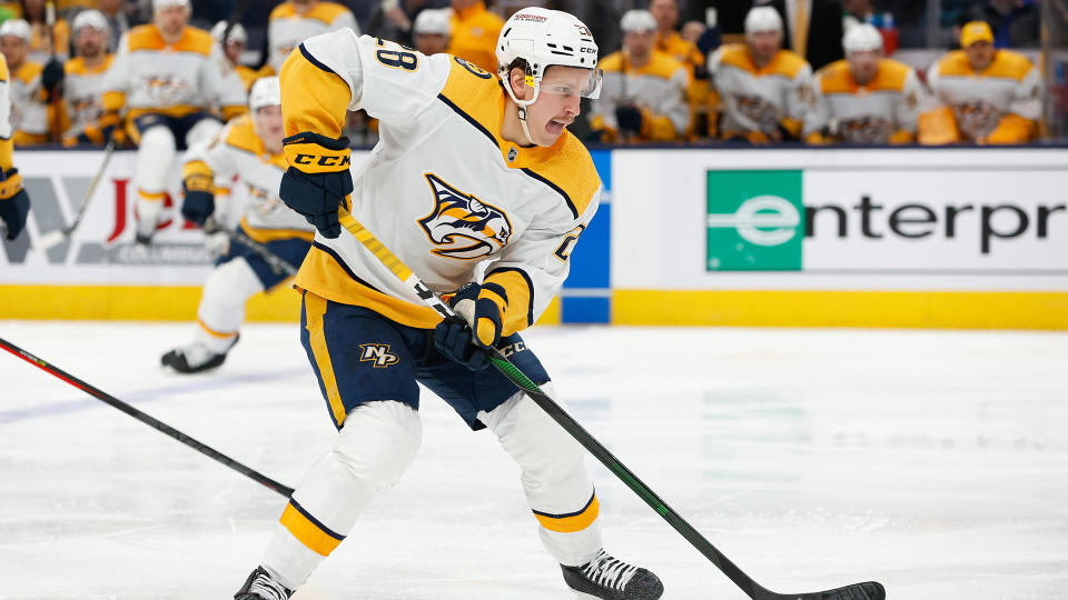 Eeli Tolvanen (28) has been claimed by the Seattle Kraken after being waived by the Nashville Predators. (Photo by Graham Stokes/Icon Sportswire via Getty Images)