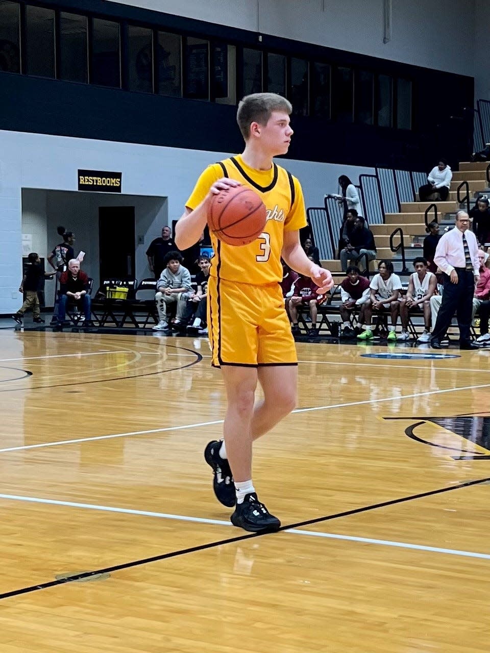 Northmor's Jax Wenger brings the ball up the court during a Division IV district final against Patriot Prep at Ohio Dominican's Alumni Hall last year.