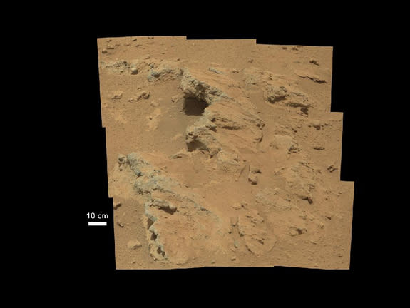NASA's Curiosity rover found evidence for an ancient, flowing stream on Mars at a few sites, including the rock outcrop pictured here, which the science team has named "Hottah" after Hottah Lake in Canada’s Northwest Territories. This image mos