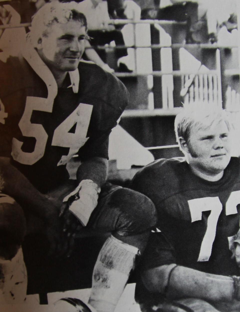 Fighting Scots offensive linemen Grant Minor (left) and Rod Davies take a break during a game in 1973. Both players earned All-MWC honors during their Monmouth careers.