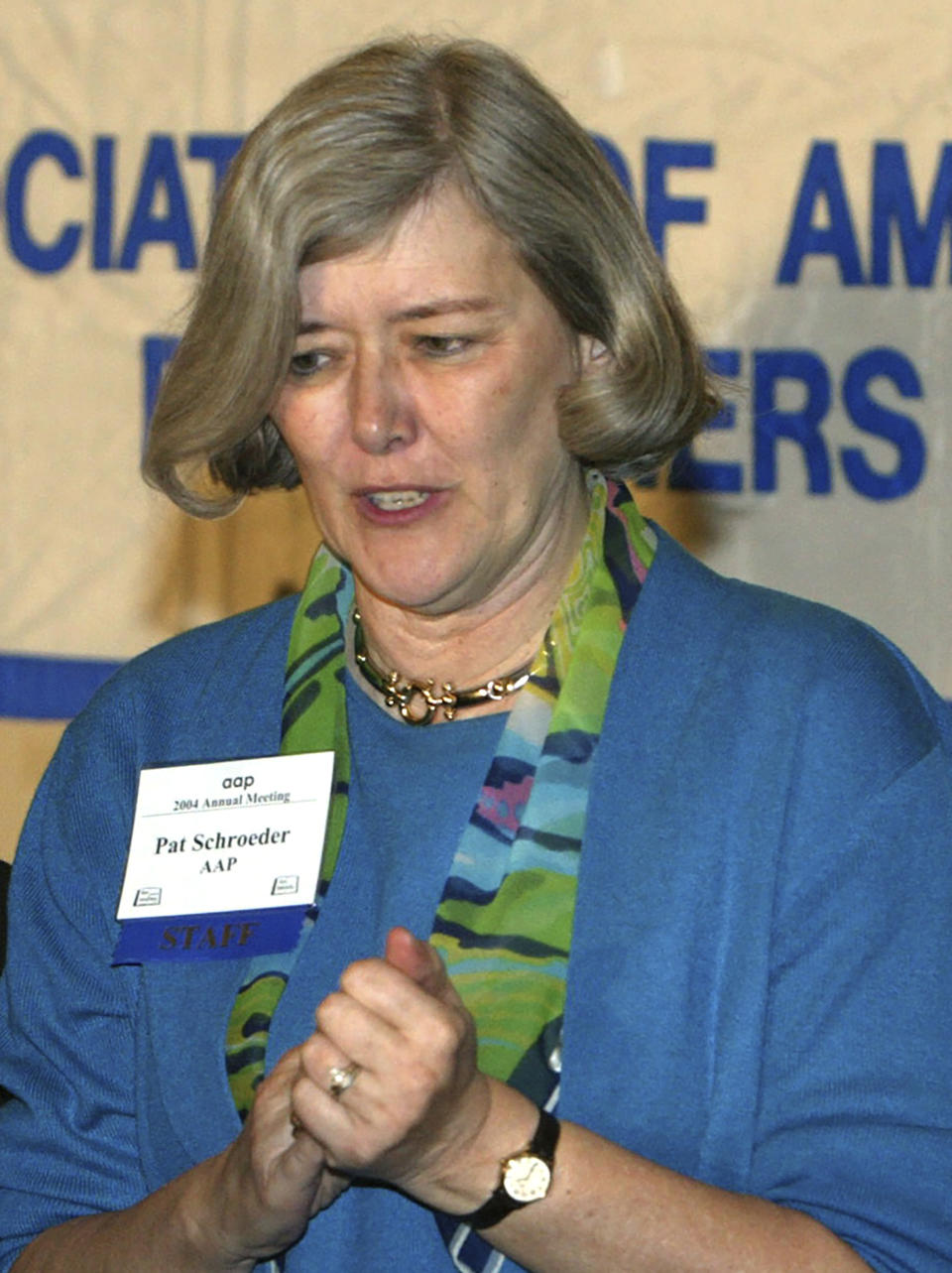 FILE - Association of American Publishers President Pat Schroeder attends the AAP's 2004 general annual meeting in Washington on Feb. 26, 2004. Schroeder, a former Colorado representative and pioneer for women’s and family rights in Congress, died Monday night, March 13, 2023, at the age of 82. Schroeder's former press secretary, Andrea Camp, said Schroeder suffered a stroke recently and died at a hospital in Florida, the state where she had been residing. (AP Photo/Matthew Cavanaugh, File)