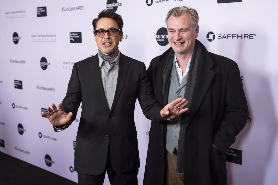 Robert John Downey Jr., left, and Christopher Nolan attend the 2024 Sundance Film Festival's Opening Night Gala on Thursday, Jan. 18, 2024, in Kamas, Utah. (Photo by Charles Sykes/Invision/AP)