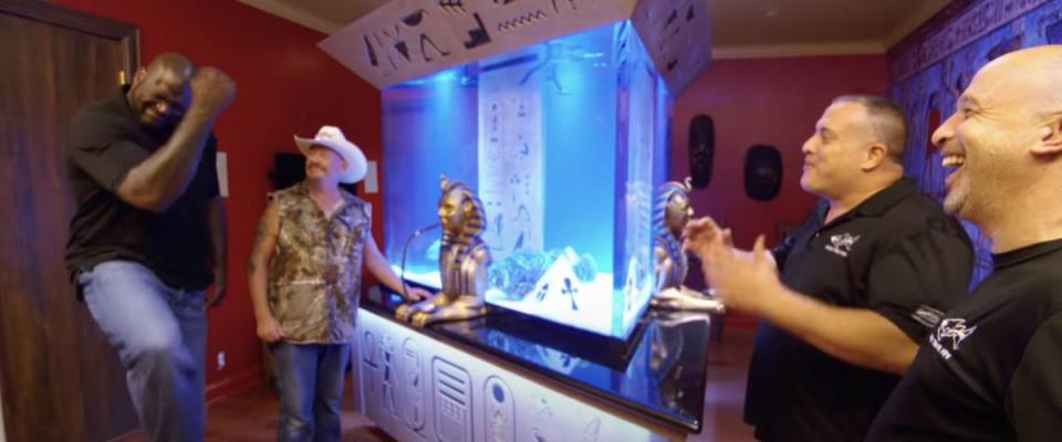 Retired NBA player Shaquille O’Neal on the show Tanked, seeing his commissioned Egyptian theme fish tank for the first time