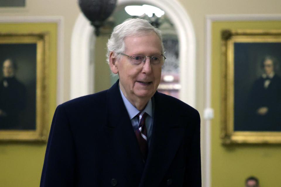 U.S. Senate Minority Leader Sen. Mitch McConnell (R-KY) arrives at the U.S. Capitol on February 12, 2024 in Washington, DC.