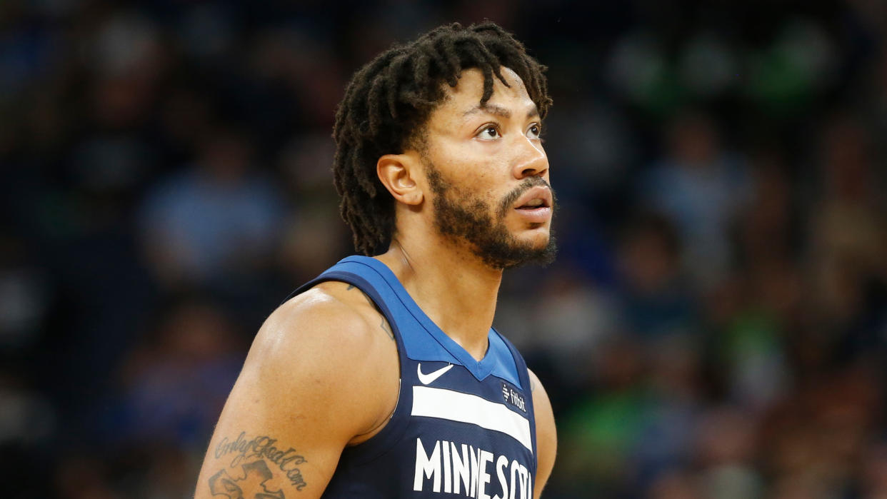 Minnesota Timberwolves’ Derrick Rose plays against the Houston Rockets during the second half of Game 4 in an NBA basketball first-round playoff series Monday, April 23, 2018, in Minneapolis. (AP)