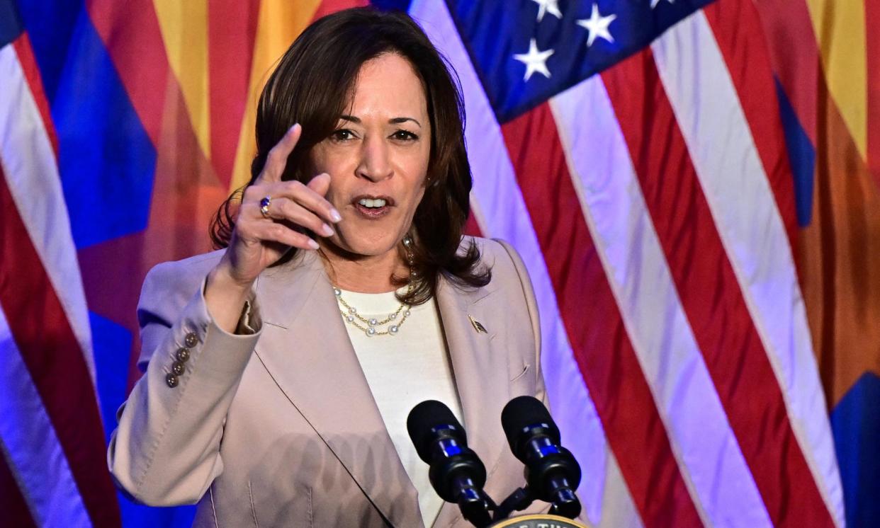 <span>Harris speaks on reproductive freedom at El Rio Neighborhood center in Tucson, Arizona, on 12 April 2024.</span><span>Photograph: Frederic J Brown/AFP/Getty Images</span>