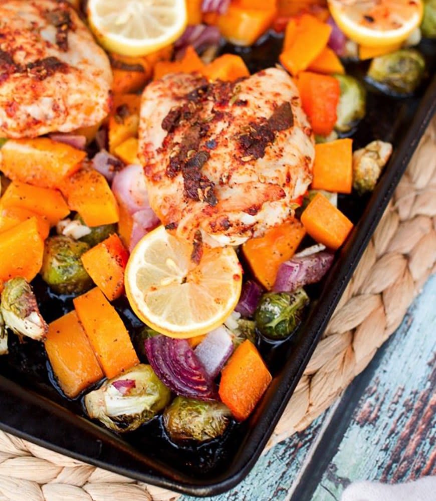 Roasted Chicken with Butternut Squash and Brussels Sprouts from Eating Bird Food