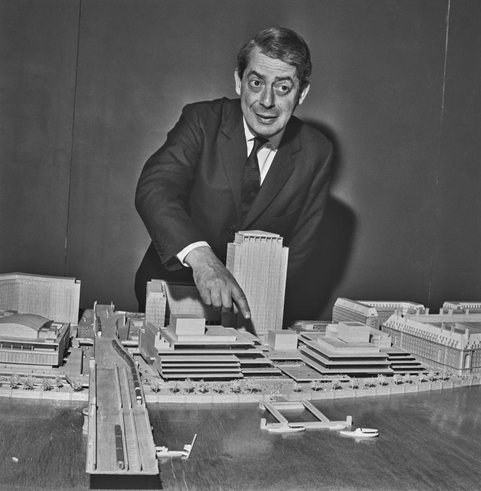 Denys Lasdun explains his 1965 (later abandoned) twin National Theater and Opera House proposal for 'a series of terraces' [cascading] to a central valley