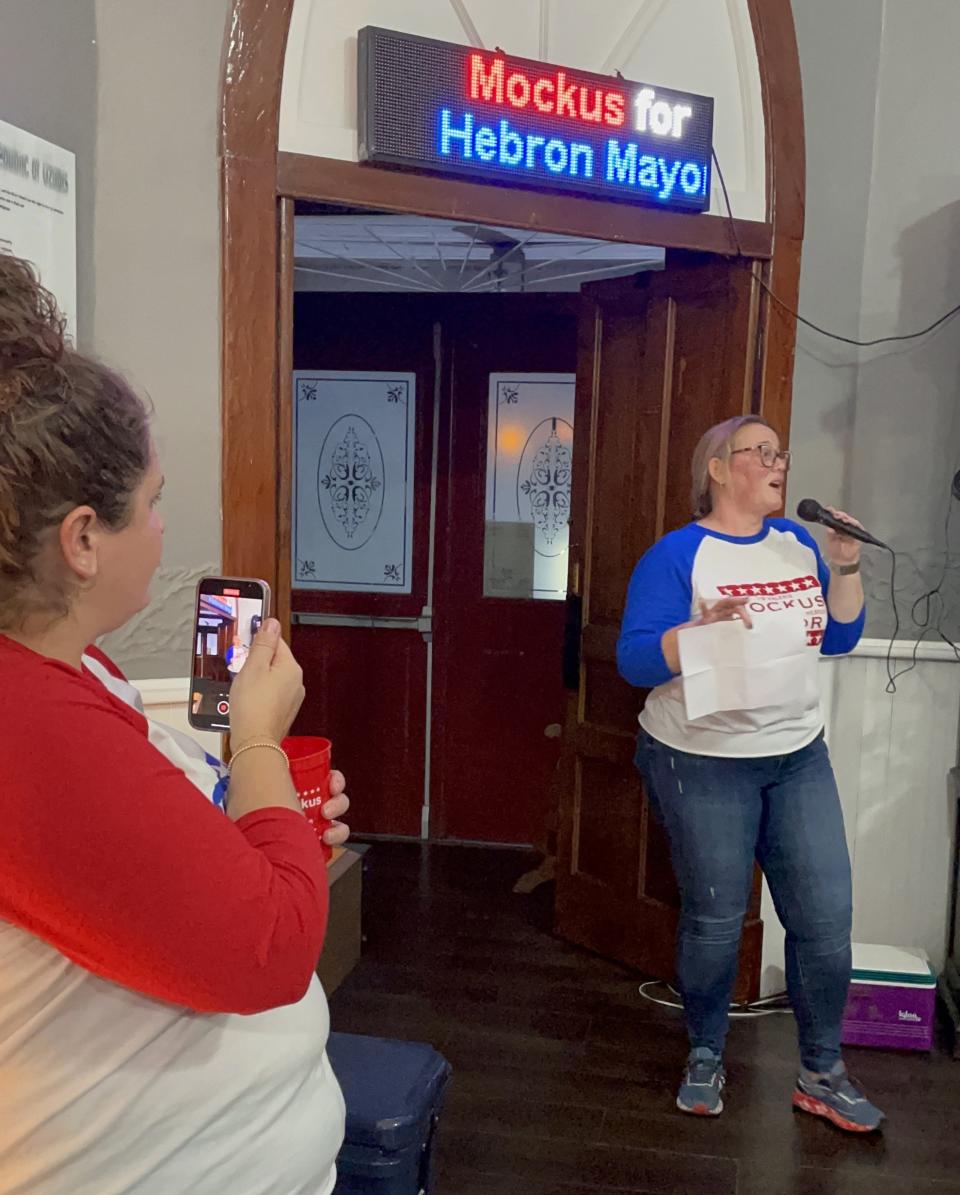 Valerie Mockus announces the election results that said she would be the new mayor of Hebron on Nov. 7.
